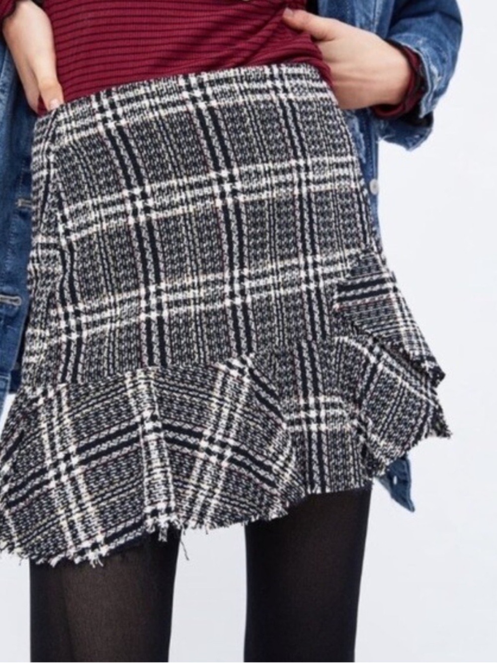 NWOT Zara Black and White Plaid Ruffle Mini Skirt